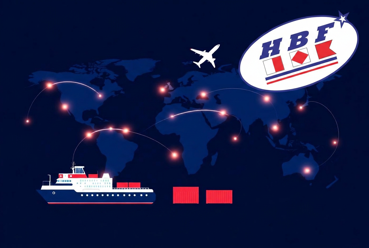 Ilustração logística global da HBF Logística com rotas internacionais, navio cargueiro, avião e contêineres