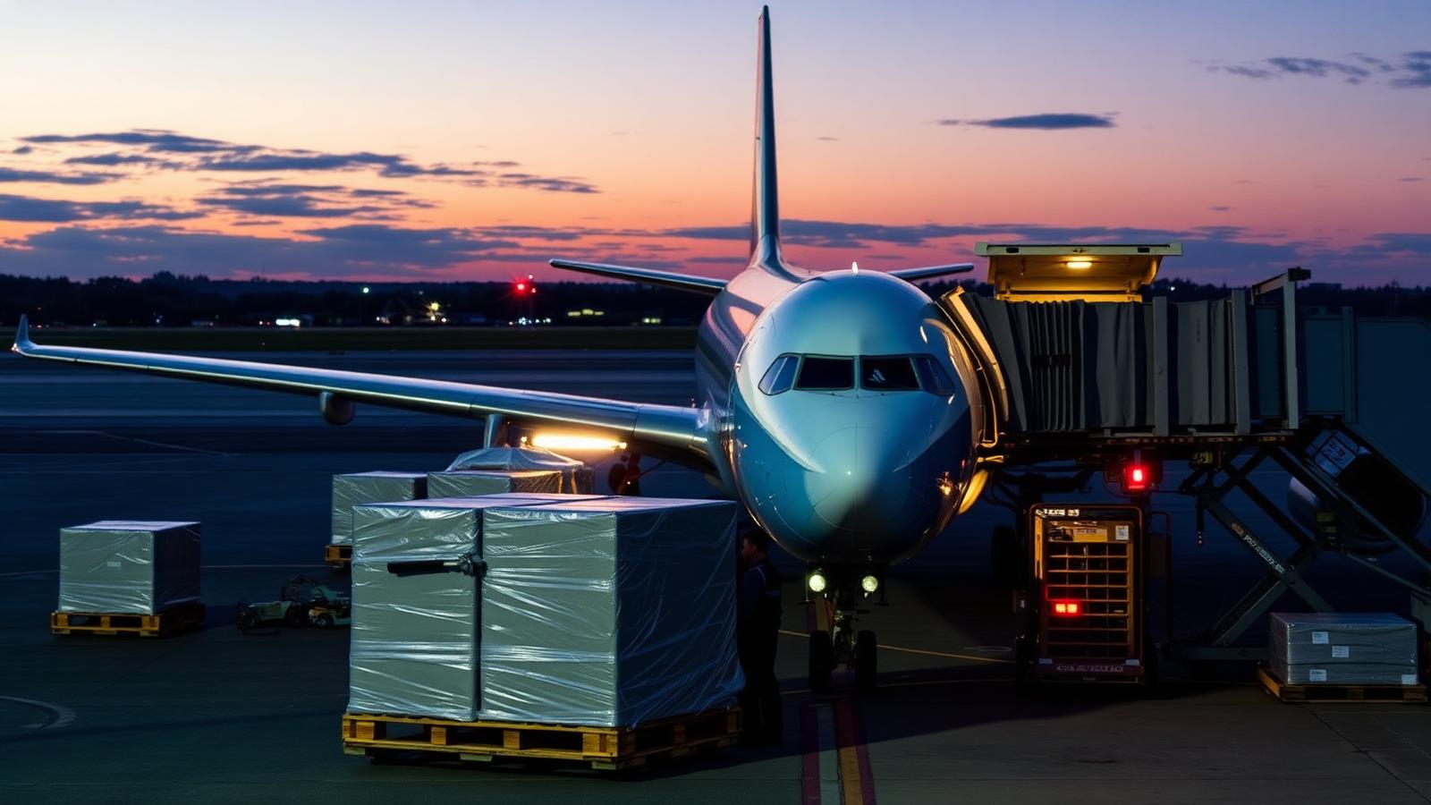 Carregamento de paletes de carga aérea em avião cargueiro ao entardecer