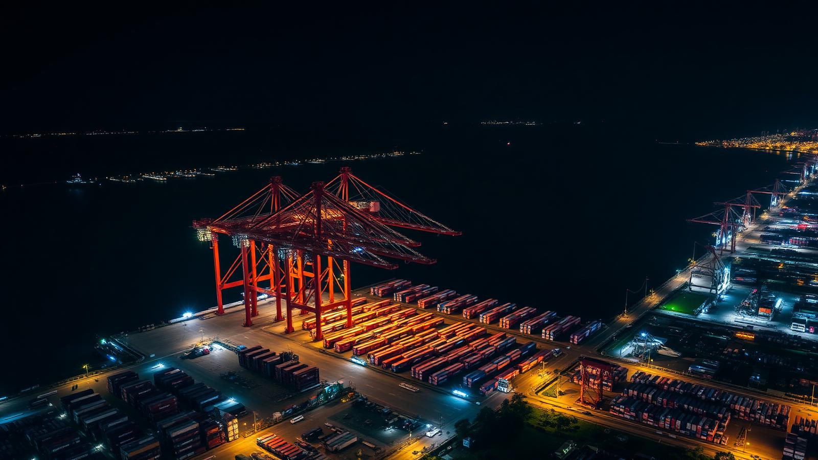 Vista aérea noturna de terminal de contêineres em porto brasileiro com guindastes iluminados